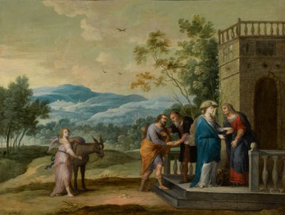 De Visitatie: Maria en Elisabeth schudden elkaar de hand door Abraham Willemsens