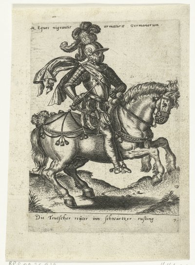 Duitse ruiter in zwart harnas door Abraham de Bruyn (attributed to)