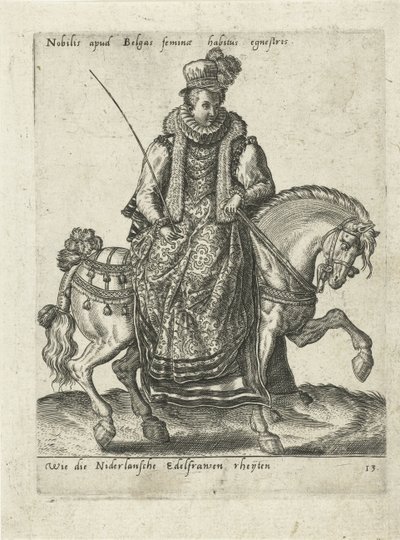 Nederlandse edelvrouw te paard door Abraham de Bruyn (attributed to)