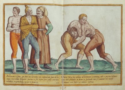Turken worstelen, zestiende-eeuwse kostuums uit Omnium Poene Gentium Imagines, gepubliceerd in Keulen, 1577 (handgekleurde gravure) door Abraham de Bruyn