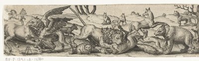 Vechtende dieren in een landschap door Abraham de Bruyn