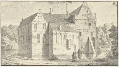 Het huis van Rhaen in Overijssel, vooraan twee hengelaars door Abraham de Haen (II)