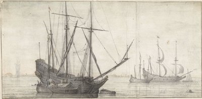 Zeilschepen op stil water bij de kust door Abraham de Verwer (possibly)