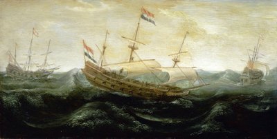 Een Nederlands schip varend op een zeer woelige zee door Abraham de Verwer