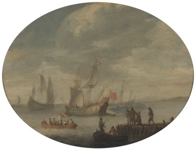 Gewapende Koopvaardijschepen voor de Nederlandse Kust Bereiden zich Voor om te Vertrekken door Abraham de Verwer