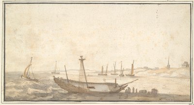 Strand met Schepen bij Scheveningen door Abraham de Verwer