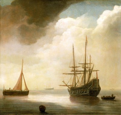 Nederlands schip op kalme zee door Abraham de Verwer