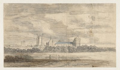 Gezicht op het kasteel van Vincennes, achter een rij bomen door Abraham de Verwer