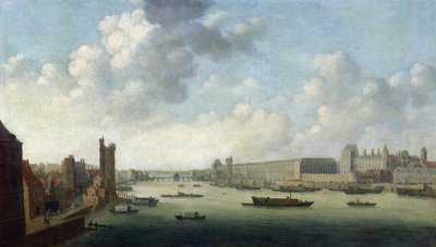Perspectief van Parijs vanaf de Barberbrug stroomafwaarts, met het Hôtel Bourbon, De Grande Galerie van het Louvre, c.1640 door Abraham de Verwer