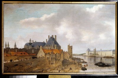 Uitzicht op het hotel de Nevers, de toren van Nesles en de Grande Galerie du chateau du Louvre gezien vanaf de Pont Neuf door Abraham de Verwer