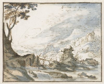 Bergachtig landschap met een houten brug door Abraham de Vries