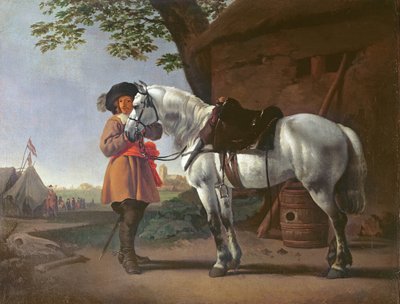 Een cavalier met een grijs paard door Abraham van Calraet