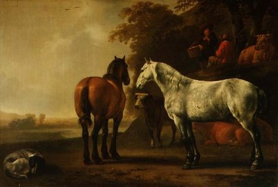 Paarden en Vee in een Landschap door Abraham van Calraet