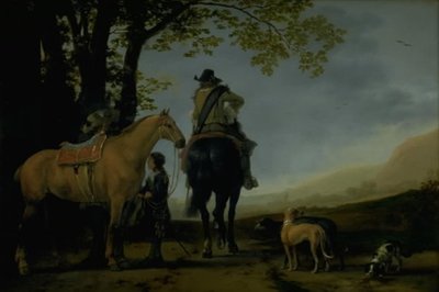Twee ruiters in een landschap door Abraham van Calraet