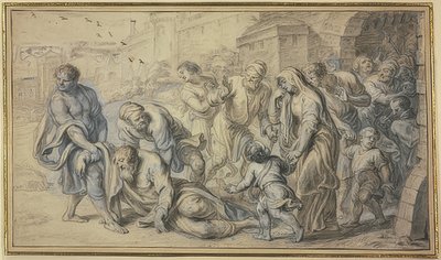 Oude man wordt voor de muren van een stad door inwoners van de grond opgetild door Abraham van Diepenbeeck