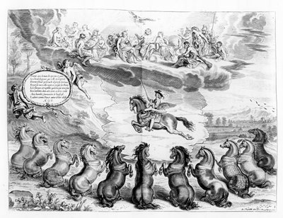 De Markies van Newcastle rijdend op Pegasus voor een Vergadering van de Griekse Goden en ontvangt de Groeten van Aardse Paarden, illustratie uit een Rijhandboek door de Markies van Newcastle, gepubliceerd door Abraham van Diepenbeeck