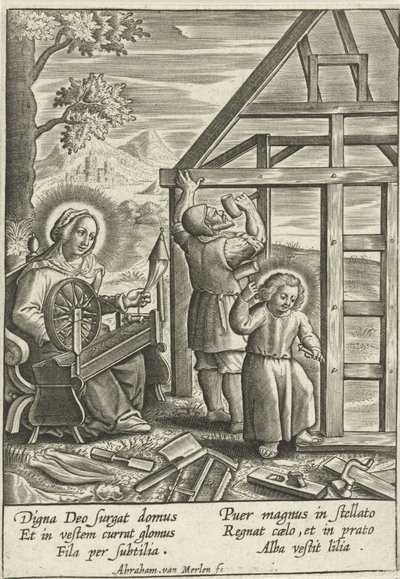 Christus helpt Jozef bij het bouwen van een huis door Abraham van Merlen