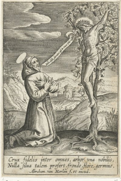 Knielende heilige voor Christus aan het kruis door Abraham van Merlen