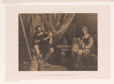 Schilder met vrouw en kind in zijn atelier door Abraham van Pelt