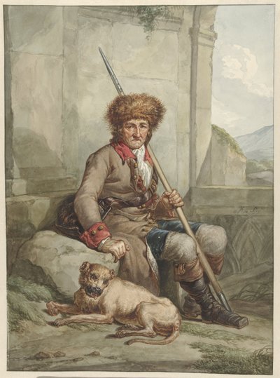 Zittende jager met bontmuts, speer en weitas door Abraham van Strij (I)