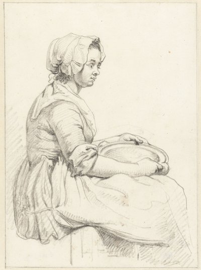 Zittende vrouw met een schotel op haar schoot, naar rechts door Abraham van Strij (I)