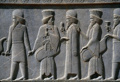 Detail van een processiefries aan de oostzijde van het Apadana-paleis, Persepolis, Iran, ca. 518-465 v.Chr. (grijze steen) door Achaemenid