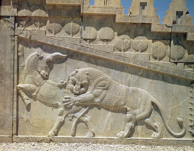 Leeuw vecht met een stier, reliëf op de oostelijke trap van de Apadana, Achaemenidische Periode, ca. 515 v.Chr. door Achaemenid