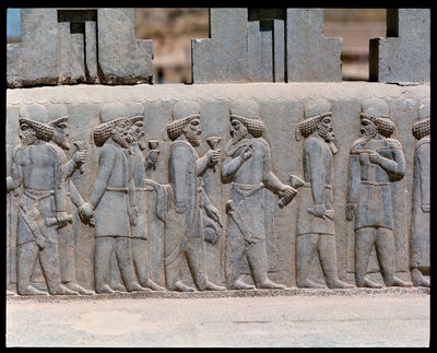 Uitzicht op de reliëfs van de noordelijke trappen door Achaemenid