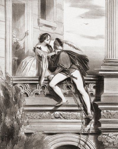 Romeo en Julia. Balkonscène door Achille (after) Deveria