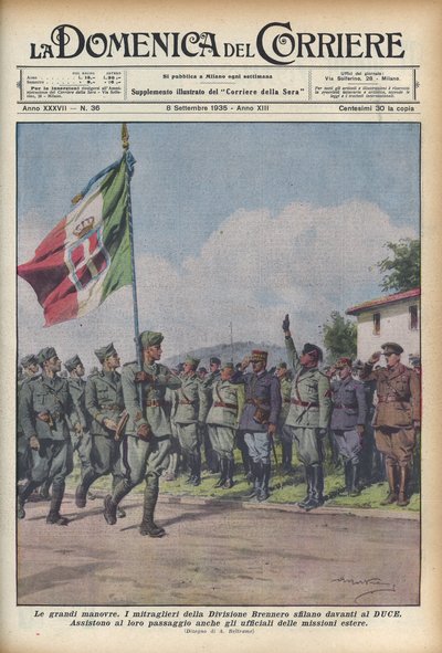 1935 I mitraglieri della Divisione Brennero marcheren voor de Duce - DOMENICA DEL CORRIERE - militaire manoeuvre. De troepen marcheren voor Benito Mussolini - Illustratie door Achille Beltrame door Achille Beltrame