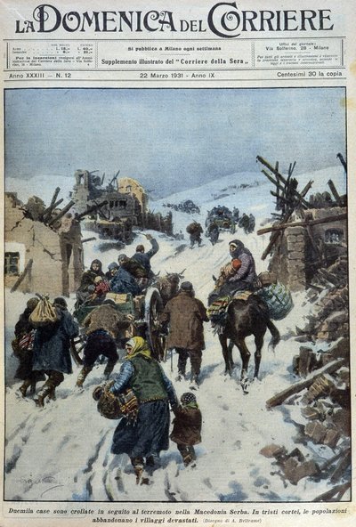 2000 huizen ingestort na de aardbeving in Servisch Macedonië: de trieste exodus van de bevolking die de verwoeste dorpen verlaat - tekening van A. Beltrame in 