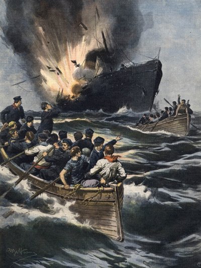 Een Duitse stoomboot explodeerde tussen Sicilië en de Tunesische kust. De bemanning had tijd om weg te komen in boten. Ill. de Beltrame. La Domenica del Corriere. 06/1909. door Achille Beltrame