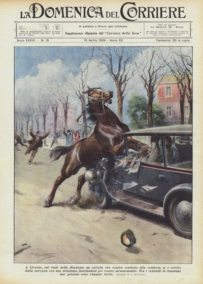 In Livorno, op de Viale della Stazione, een paard dat naar de stal werd gebracht, brak los door Achille Beltrame