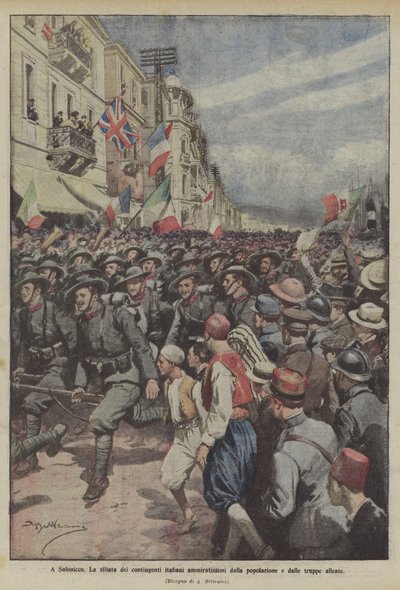 In Thessaloniki, de parade van Italiaanse contingenten bewonderd door de bevolking en de geallieerde troepen door Achille Beltrame