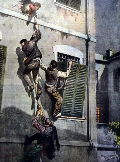 Een gedurfde ontsnapping van vier gevangenen uit de gevangenis van Asti na het doorbreken van de muur. Tekening door Beltrame. La Domenica del Corriere. 1902 door Achille Beltrame