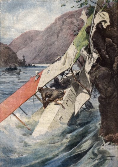 Een dramatische verkenningsvlucht: na een gevecht, zonder motor of propeller, slaagden twee vliegeniers erin de Italiaanse linies te bereiken en vielen in de Isonzo-rivier. Ill. de Beltrame. La Domenica del Corriere. 10/1917 door Achille Beltrame