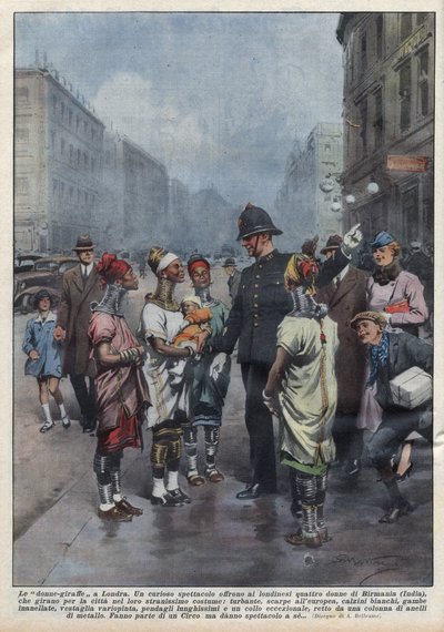 Een groep vrouwen-giraffen uit Birma vraagt de weg aan een Engelse politieagent in Londen, ze zijn gekleed in tulband, tuniek, ringen om de nek en benen. Illustratie van Achille Beltrame in 