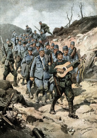 Een gelukkige held. Na het vangen van veertig Oostenrijkers en een gitaar in een grot, marcheerde soldaat Buoncompagni aan het hoofd van de groep gevangenen zingend. Ill. de Beltrame. La Domenica del Corriere. 10/1917 door Achille Beltrame