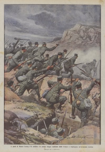 Ten noorden van Monte Coston, 11 oktober, onze troepen springen uit de loopgraven en drijven een vijandelijke aanval terug door Achille Beltrame