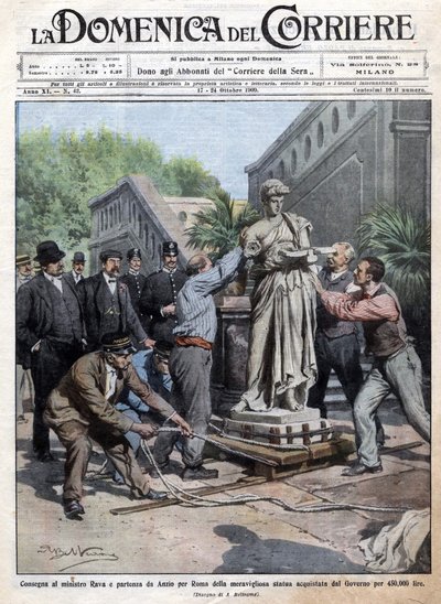 Een door de regering voor 450 duizend lire gekochte standbeeld wordt naar Rome gebracht en afgeleverd aan minister Rava. Ill. door Beltrame. La Domenica del Corriere. 10/1909 door Achille Beltrame