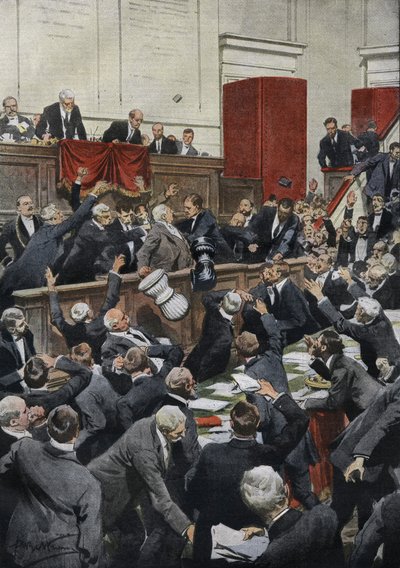 Een stormachtige zitting in de Italiaanse Kamer van Afgevaardigden tijdens een begrotingsdebat. Afgevaardigde Chiesa schorst de stemming door de stembus te gooien - "La Domenica del Corriere" door Achille Beltrame