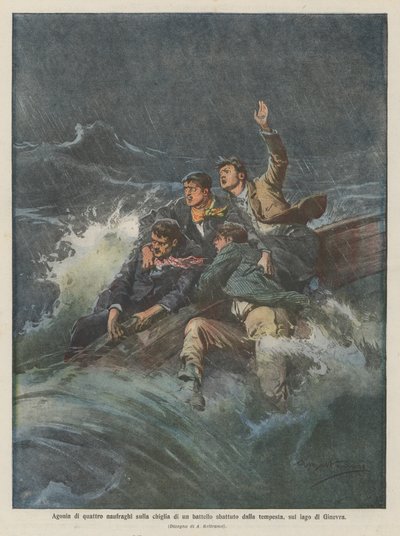 Agonie van vier schipbreukelingen op de kiel van een boot geslagen door de storm, op het Meer van Genève door Achille Beltrame