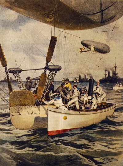 Luchtschepen bevoorraden slagschepen tijdens hun reis (illustratie) door Achille Beltrame