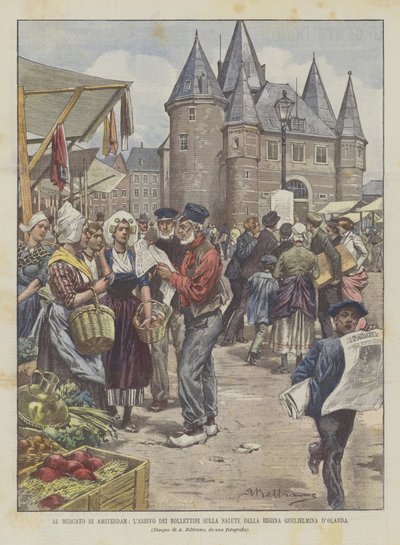 Op De Markt Van Amsterdam, De Aankomst Van De Gezondheidsbulletins Van Koningin Wilhelmina Van Nederland door Achille Beltrame