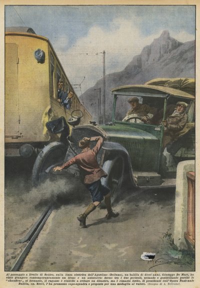 Bij de spoorwegovergang van Sedico, op de elektrische lijn van Agordino (Belluno), een jonge fascist door Achille Beltrame