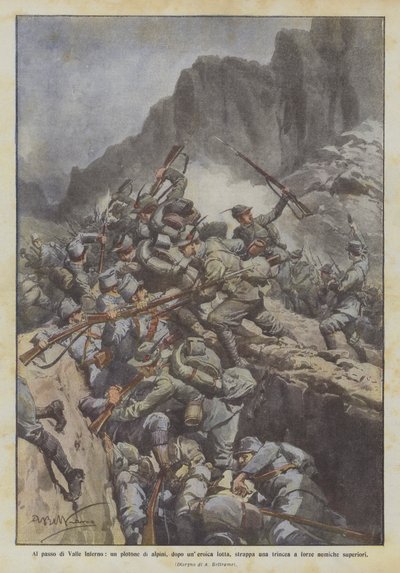 Bij de pas van Valle Inferno, een peloton alpini verovert na een heroïsch gevecht een loopgraaf door Achille Beltrame
