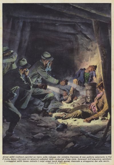 Enkele grenssoldaten, die een doorgang hadden gemaakt in de lawine die de toegang tot een tunnel blokkeerde door Achille Beltrame