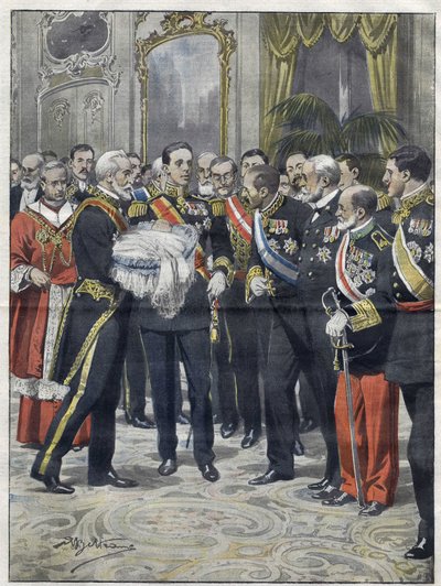 Alfonso XIII (1886-1941), Koning van Spanje bij de ceremonie van de presentatie van zijn zoon Alfonso (1907-1938), Graaf van Covadonga, Prins van Asturië. Tekening door Achille Beltrame. uit 1907. door Achille Beltrame