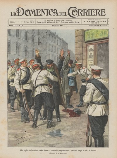 Aan de vooravond van de opening van de Doema, de Kozakken doorzoeken de voorbijgangers langs de straten in Rusland door Achille Beltrame