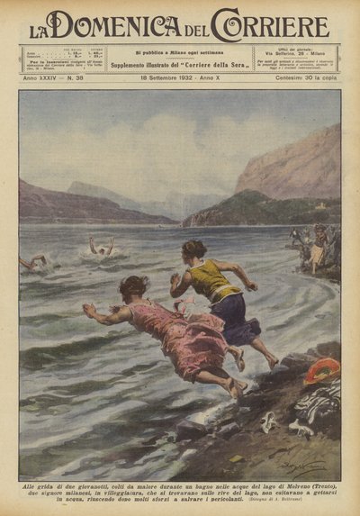 Op de kreten van twee jongemannen, getroffen door onwelzijn tijdens een bad in het water van het Molvenomeer door Achille Beltrame